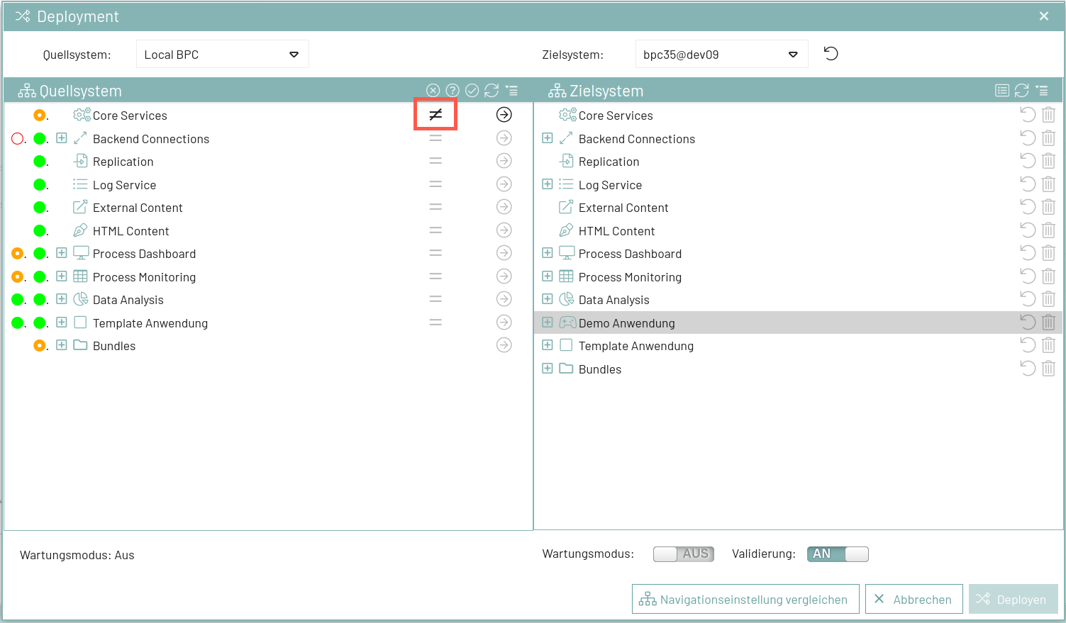 deployment compare settings