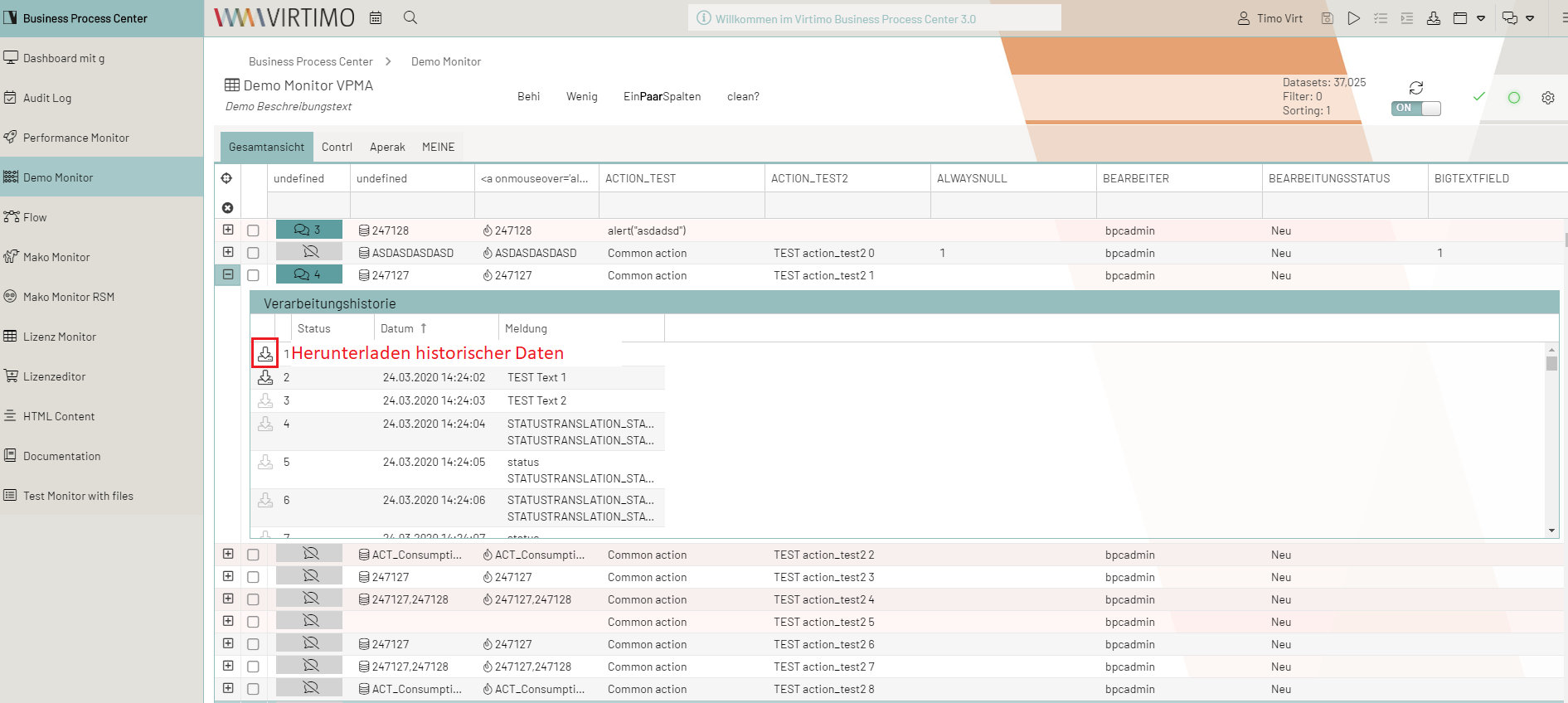 Verarbeitungshistorie herunterladen