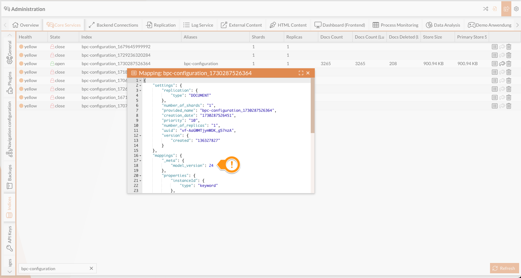 Versionsnummer in der Mappingansicht des bpc-configuration Index