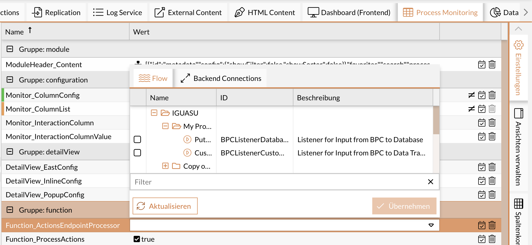 Auswahlfenster für Flow Prozessoren und HTTP Endpunkte
