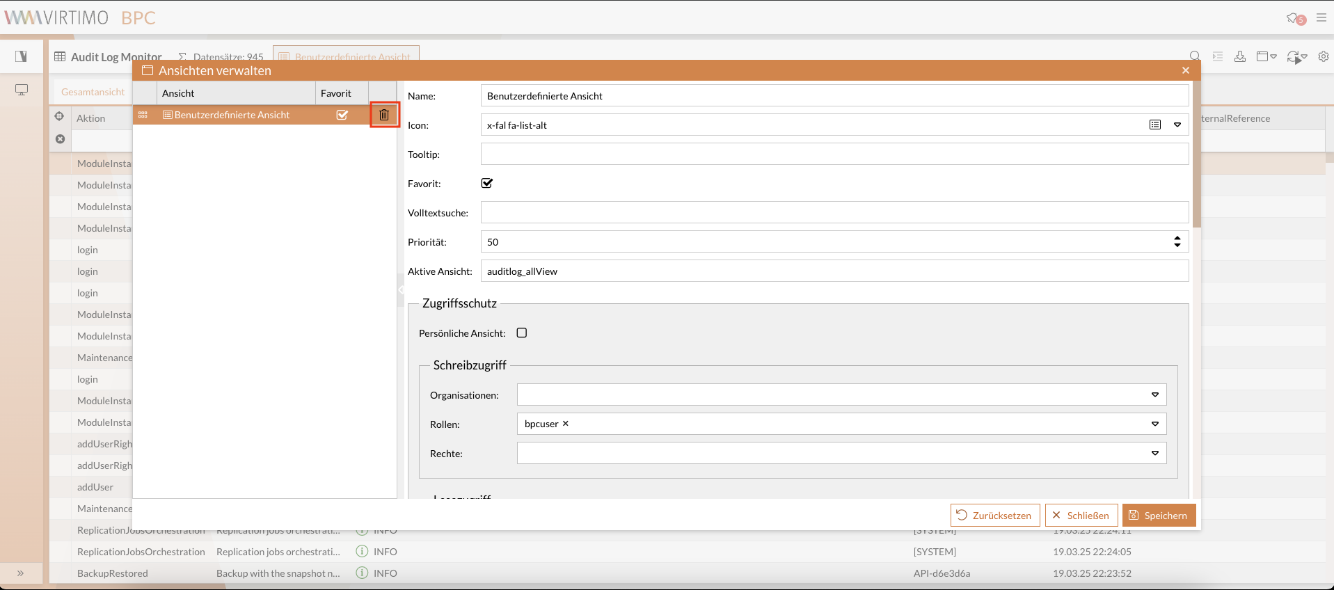 Gespeicherte Ansicht entfernen