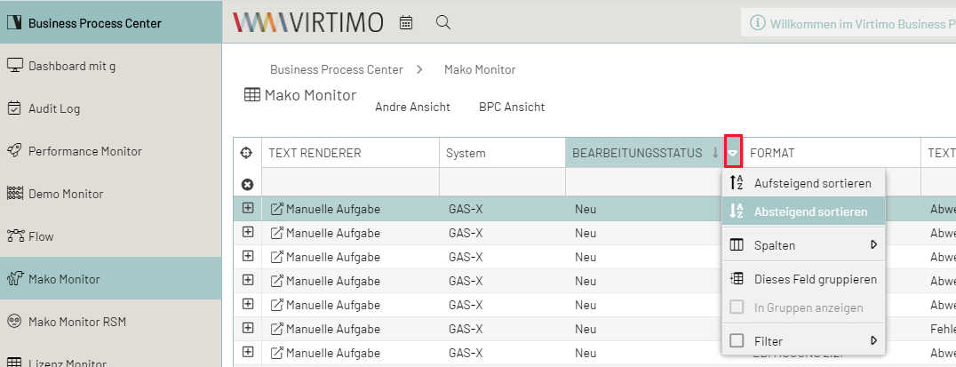 Sortierreihenfolge auswählen