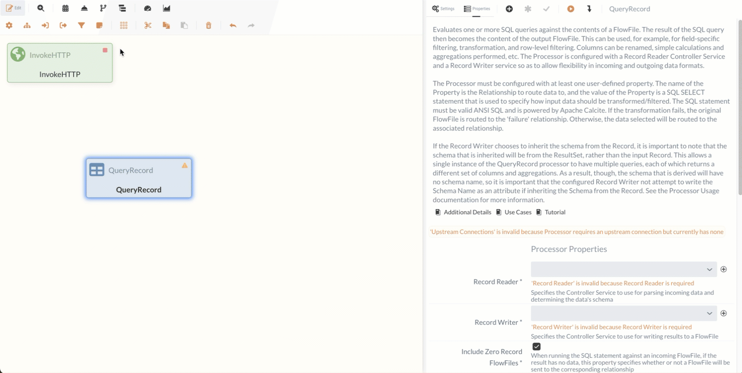 Relation zwischen Http Processor und QueryRecord Processor anlegen