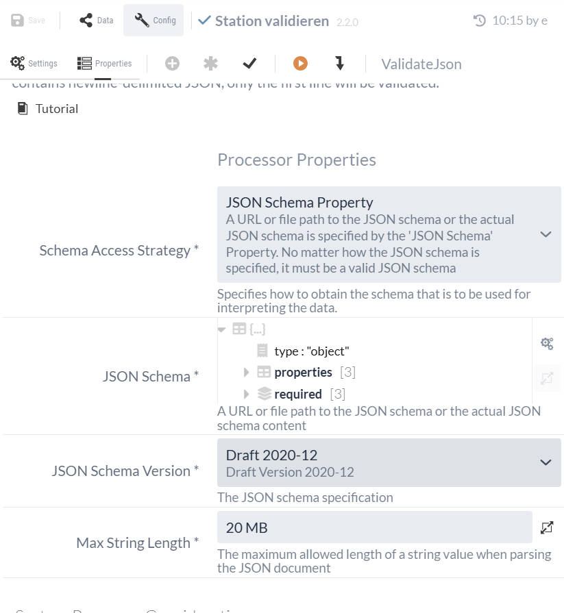 ValidateJson Processor Konfiguration