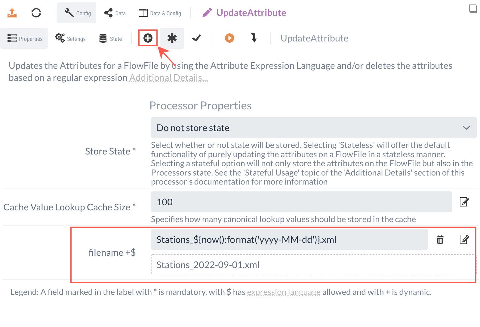 UpdateAttribute-Prozessor Einstellungen