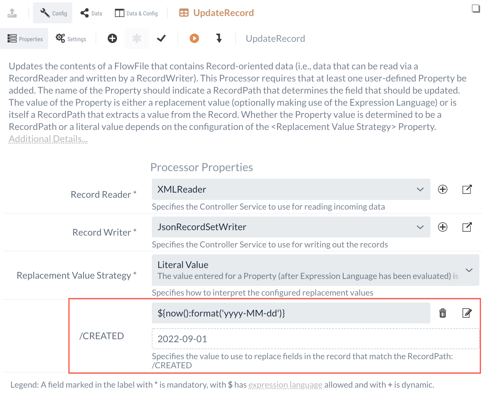 UpdateRecord-Prozessor Settings