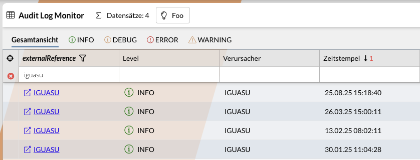 View of the monitor with a custom renderer for the externalReference column