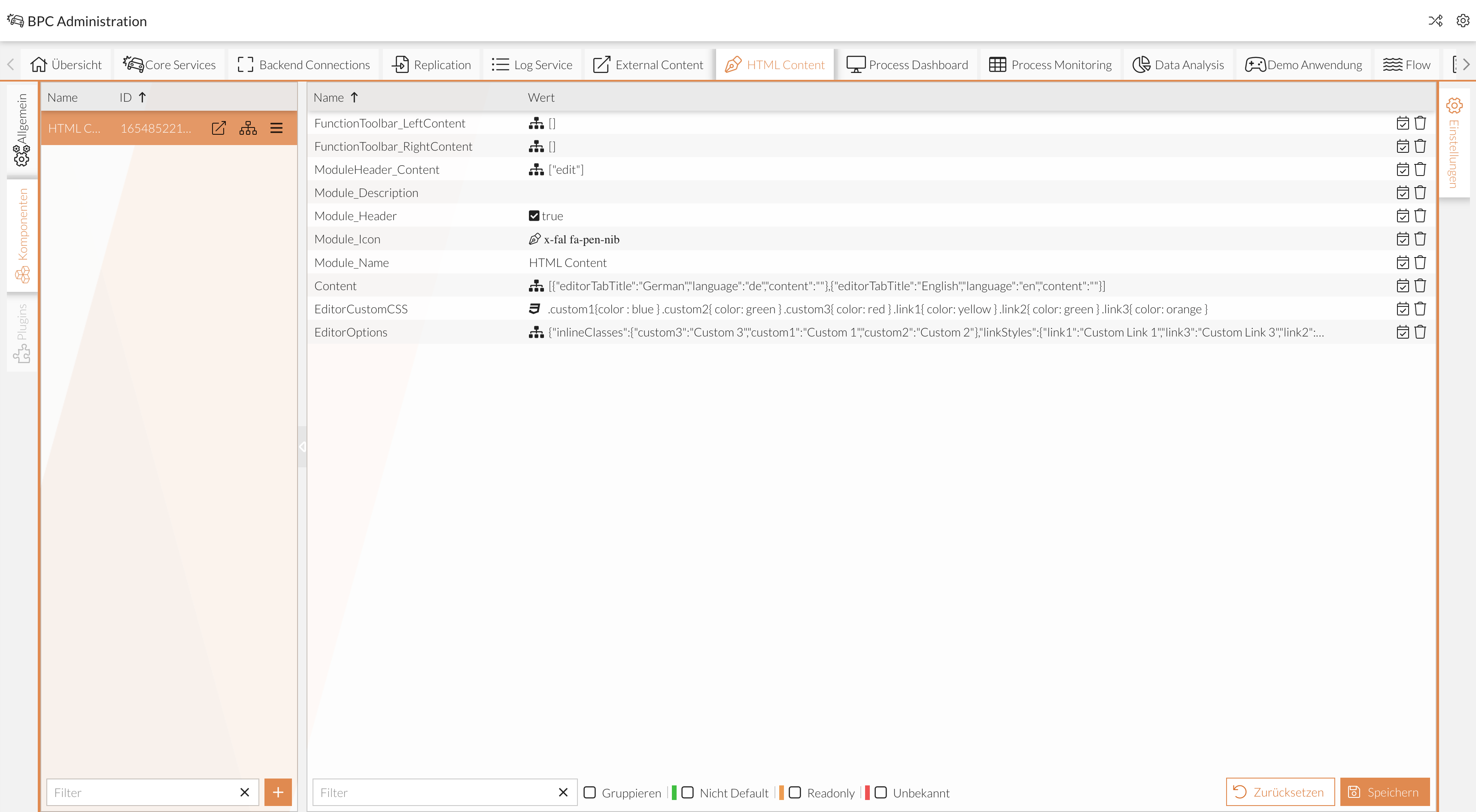 HTML-Content-Einstellungen im Administrationsbereich