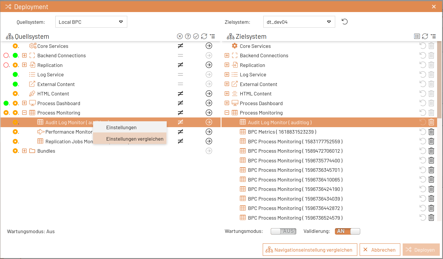deployment compare settings open dialog
