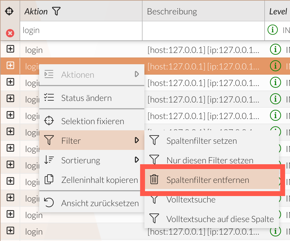 Spaltenfilter entfernen