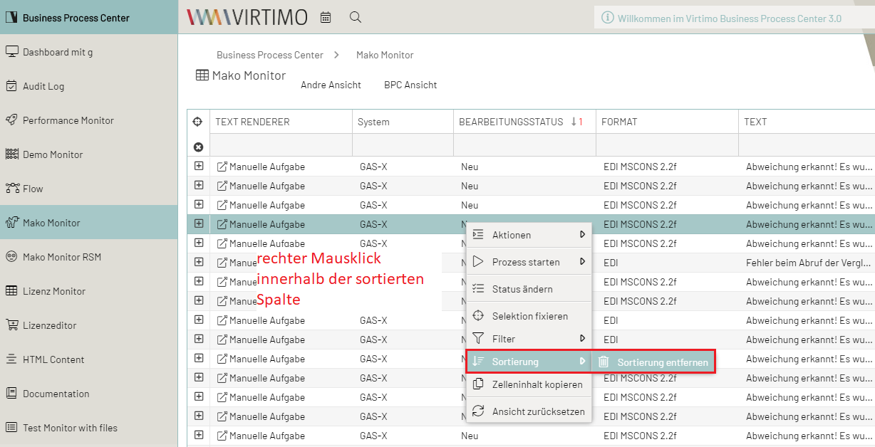 Sortierung entfernen über Kontextmenü