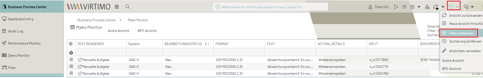 Sortierung entfernen über Toolbar