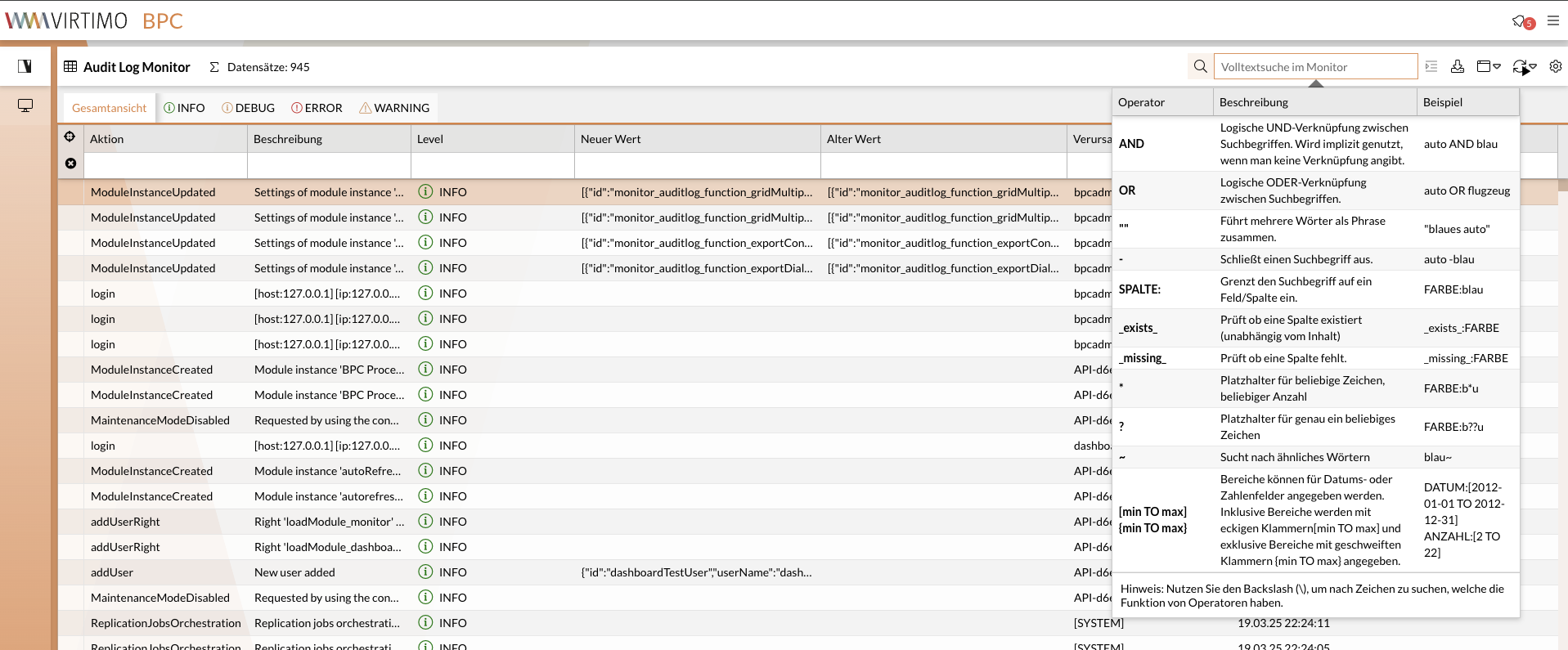 Operatoren für mehrere Suchbegriffe