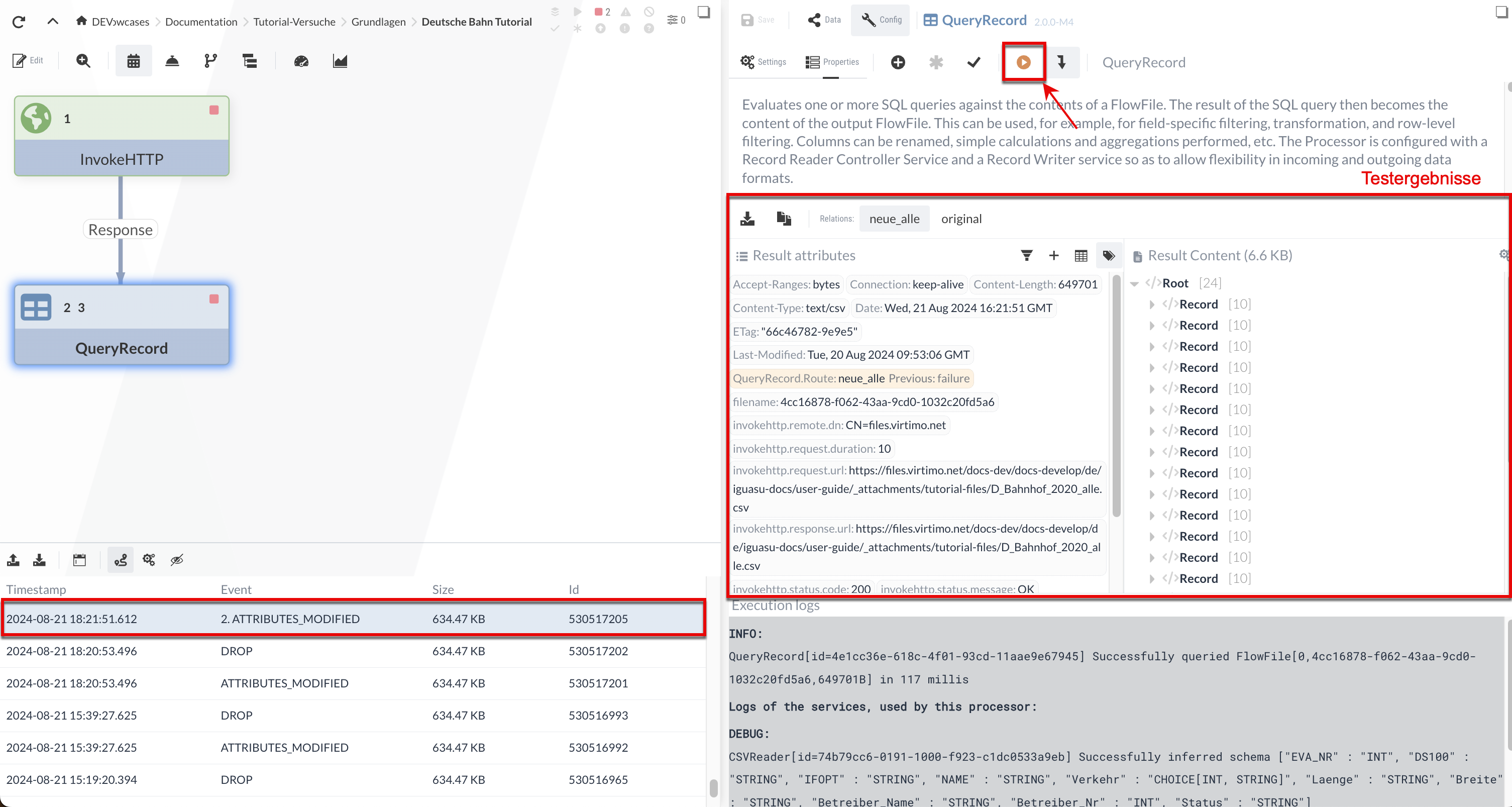 Test execution with event data