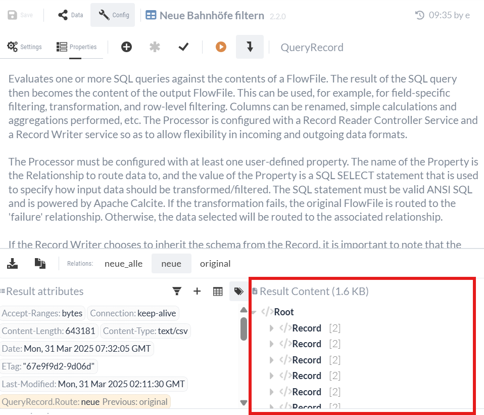 Test execution of the QueryRecord Processor