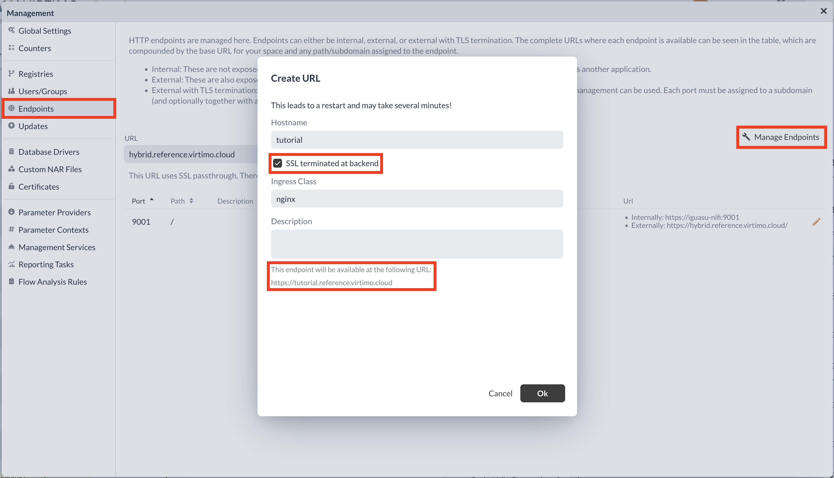 Endpoint configuration window