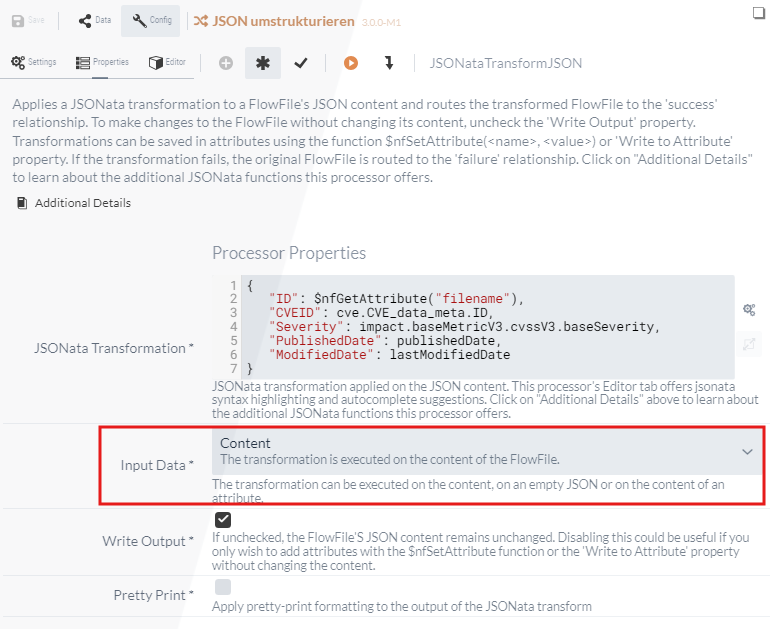 JSONataTransformJSON Konfiguration